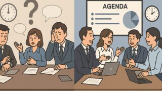 左は混乱したムダ会議で参加者が時計に気を取られている様子、右は明確なアジェンダと時間管理で効率的に議論している会議の対比イラスト。
