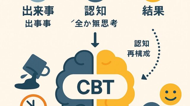ABCモデルのインフォグラフィック。A（出来事）、B（否定的な解釈）、C（感情反応）をアイコンと矢印で表し、認知再構成によりネガティブからポジティブへと変わるプロセスを示すデザイン。