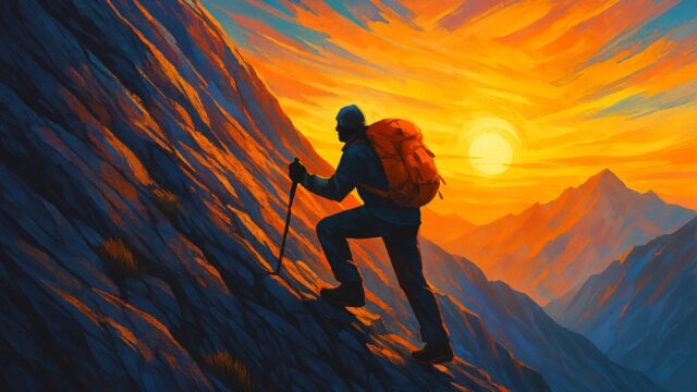 険しい山の斜面を登り、明るい朝日を背に未来へ向かって進む登山者。逆境に挑むレジリエンスの象徴