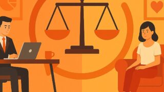 暖色系（オレンジ、赤、黄色）の背景を持つ現代的なオフィスで、上司と部下が向かい合い、リラックスした雰囲気の中で１on１ミーティングを行っているシーンが描かれています。背景には、成長、信頼関係、モチベーション向上を象徴する抽象的な円形のサイクルがさりげなく配置され、全体として前向きで好循環を示唆するイメージになっています