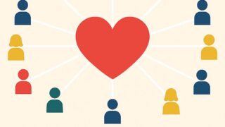 中央のハートから放射状の線でつながれた多様な人型アイコン