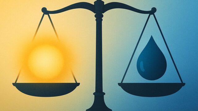 金色に輝くオーラと青い水滴を載せた天秤がほぼ均衡し、自己肯定感と謙虚さのバランスを象徴している」