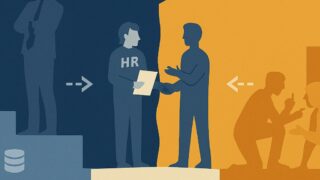 経営側と現場側の領域を断線した矢印が隔て、中央でHRやリーダーが橋をかけるように対話や資料のやり取りを進める様子を示すイラスト。