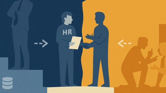 経営側と現場側の領域を断線した矢印が隔て、中央でHRやリーダーが橋をかけるように対話や資料のやり取りを進める様子を示すイラスト。