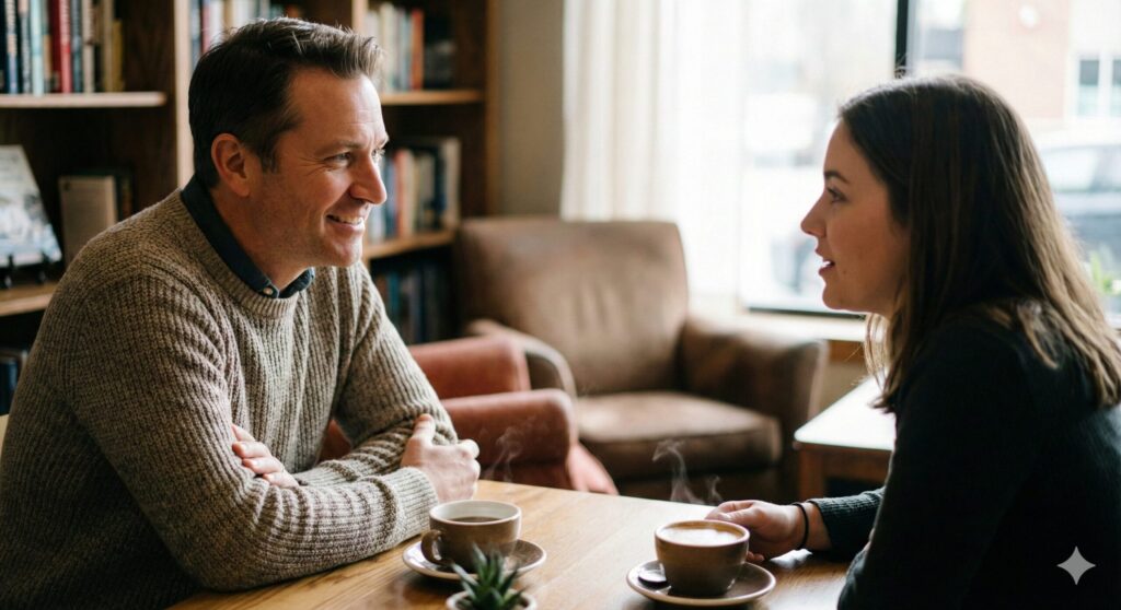 カフェのようなリラックスした空間で、笑顔で部下の話に耳を傾けるリーダーのイラスト。心理的安全性を高め、メンバーとの信頼関係を深める1on1ミーティングの様子を表現しています。