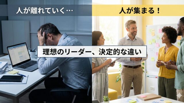 暗いオフィスで頭を抱える孤独な上司と、明るい職場で部下と笑顔で対話する理想的なリーダーの比較画像。離職の原因となるマネジメントと、心理的安全性の高いチーム作りの違いを表現しています。