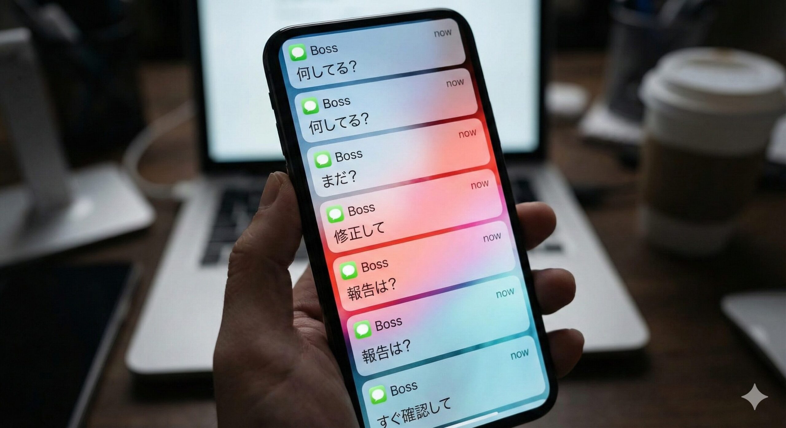 スマートフォンの画面いっぱいに上司からのチャット通知が表示され、精神的な圧迫感を与えているイメージ画像。マイクロマネジメントによる部下の疲弊と心理的安全性の欠如を表現しています。