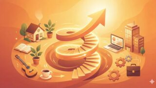 （抽象・イラスト）: 暖色系（オレンジ、黄色）の背景。左側にリラックスした生活の要素（家、趣味の道具、植物）、右側に仕事の要素（PC、ビル、歯車）があり、それらが中央で混じり合って上向きの螺旋階段や矢印を描いているイラスト。