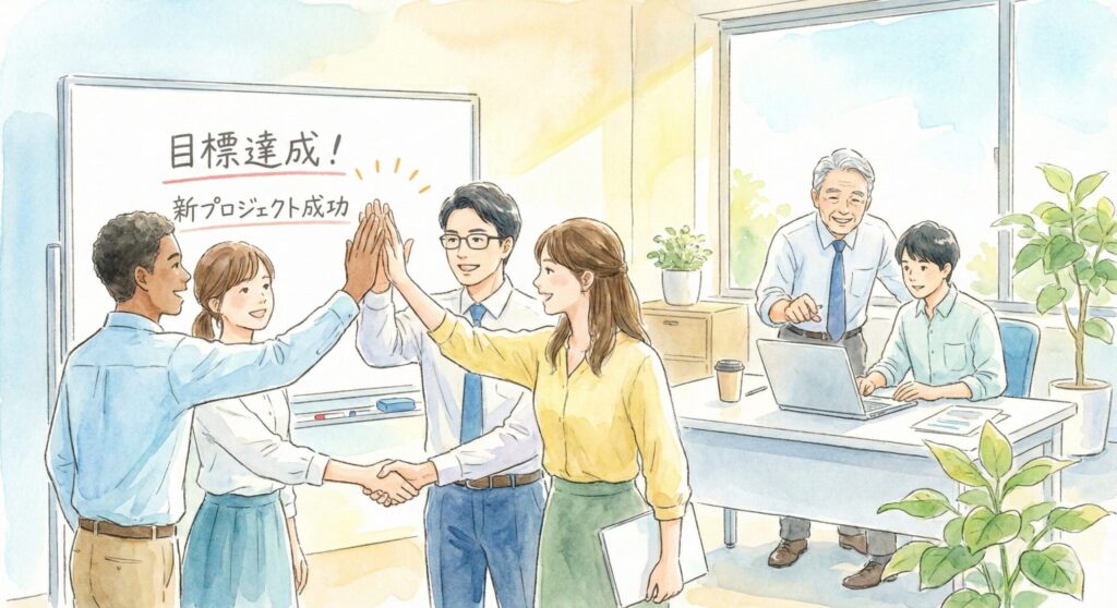 チームの成功: 明るいオフィスで、チームメンバーが笑顔でハイタッチや握手をしている写真。ホワイトボードには達成した目標が書かれている。