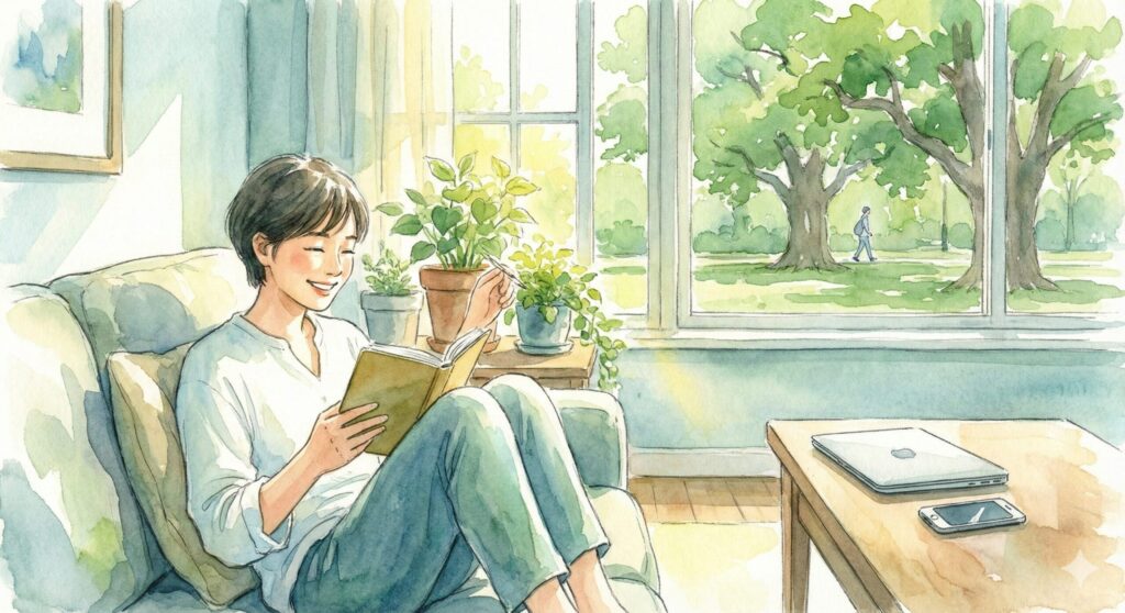 リラックスした時間: 自然光が差し込む部屋で、ソファに座って本を読んだり、植物の手入れをしたりしてくつろいでいる様子。