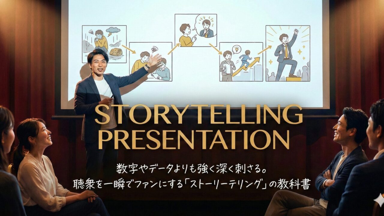 ストーリーテリングのプレゼンテーション風景。「STORYTELLING PRESENTATION 数字やデータよりも強く深く刺さる。聴衆を一瞬でファンにする「ストーリーテリング」の教科書」という文字と、成功ストーリーのイラストが表示されたスクリーンの前で、講師が話し、聴衆が笑顔で聞いている。