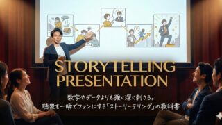 ストーリーテリングのプレゼンテーション風景。「STORYTELLING PRESENTATION 数字やデータよりも強く深く刺さる。聴衆を一瞬でファンにする「ストーリーテリング」の教科書」という文字と、成功ストーリーのイラストが表示されたスクリーンの前で、講師が話し、聴衆が笑顔で聞いている。