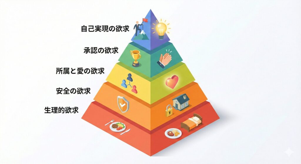 現代的なピラミッド図（インフォグラフィック）: 教科書的な古い図ではなく、フラットデザインやアイソメトリック（立体的な）イラストで描かれた5段階のピラミッド。各階層に分かりやすいアイコンを添える。