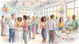 テーブルを囲んで建設的な議論を交わすビジネスチームの様子を描いた水彩画風のイラスト。 社員と外部人材（アクセラレーター、参謀、メンター）が「ワンチーム」となり、組織の課題解決や将来の戦略について穏やかかつ真剣に話し合っている姿を象徴している。全体的に明るく、前向きな協調性を感じさせる雰囲気。