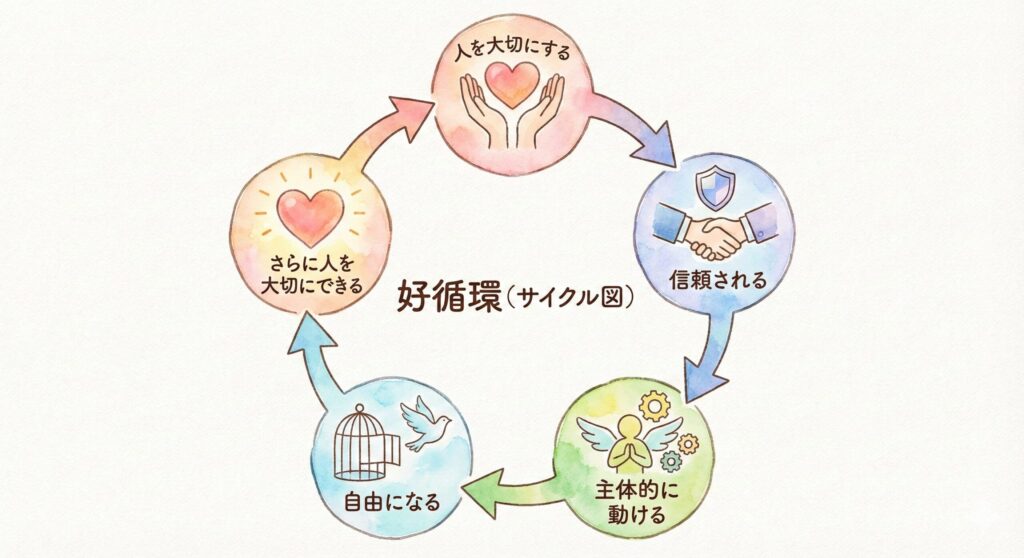 「好循環」を示すサイクル図。「人を大切にする」から始まり、「信頼される」→「主体的に動ける」→「自由になる」を経て、「さらに人を大切にできる」へと繋がるポジティブな循環を示した水彩画風の図解。