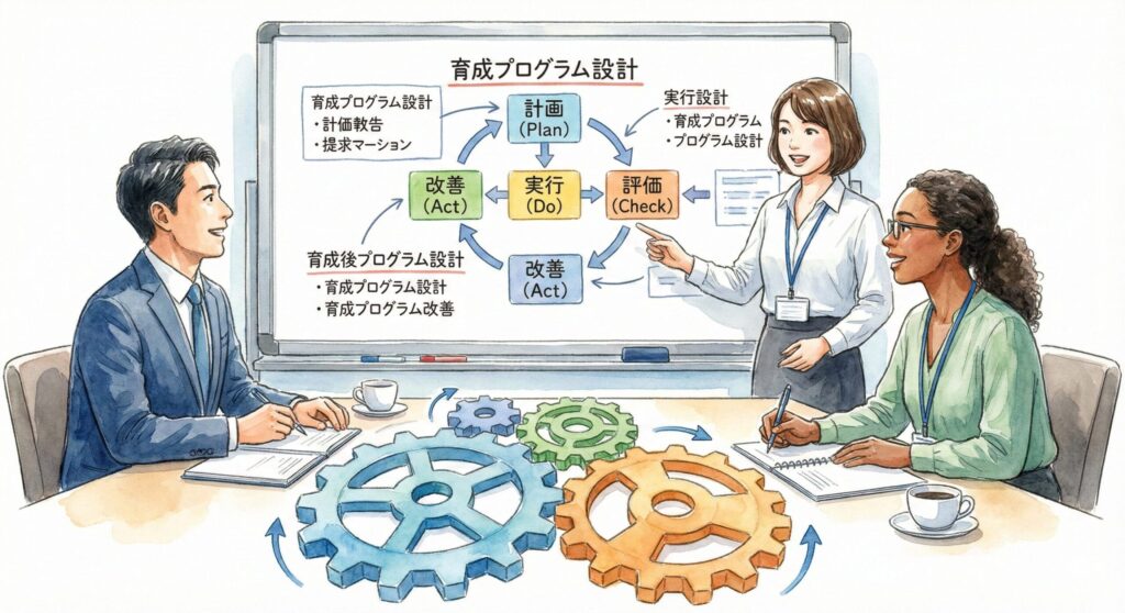 水彩画風。戦略会議: 会議室で、数人がホワイトボードに複雑なフローチャートや戦略図を書き込みながら議論している写真。真剣だが前向きな雰囲気。