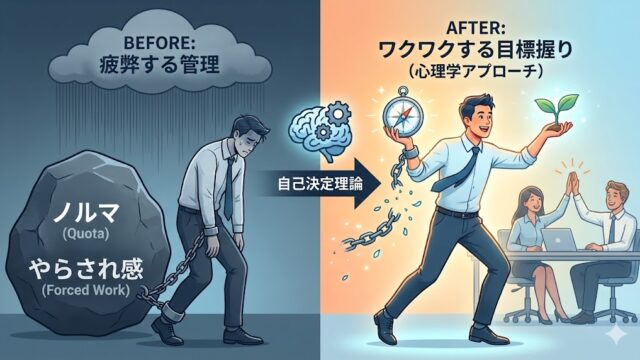 中央に配置された「組織の目標」と「個人の想い」を示す2つのパズルピースや矢印が、カチッと噛み合い光を放っているイラスト。強制されたノルマ（暗い鎖）が解け、働く人が生き生きと自律的に動き出す様子を、明るい色彩と右肩上がりのグラフィックで表現している。