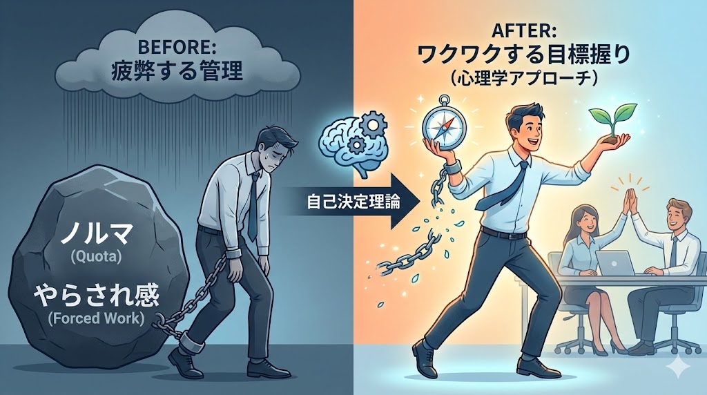 中央に配置された「組織の目標」と「個人の想い」を示す2つのパズルピースや矢印が、カチッと噛み合い光を放っているイラスト。強制されたノルマ（暗い鎖）が解け、働く人が生き生きと自律的に動き出す様子を、明るい色彩と右肩上がりのグラフィックで表現している。