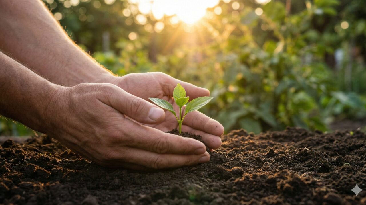 「自分の強み」や「価値観」といった内面的なテーマに焦点を当てたイメージです。大切に育てていくべき自分の可能性(芽)と、それを支える温かい手(ブログのサポート)を表現します。