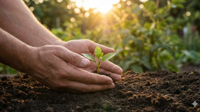 「自分の強み」や「価値観」といった内面的なテーマに焦点を当てたイメージです。大切に育てていくべき自分の可能性（芽）と、それを支える温かい手（ブログのサポート）を表現します。
