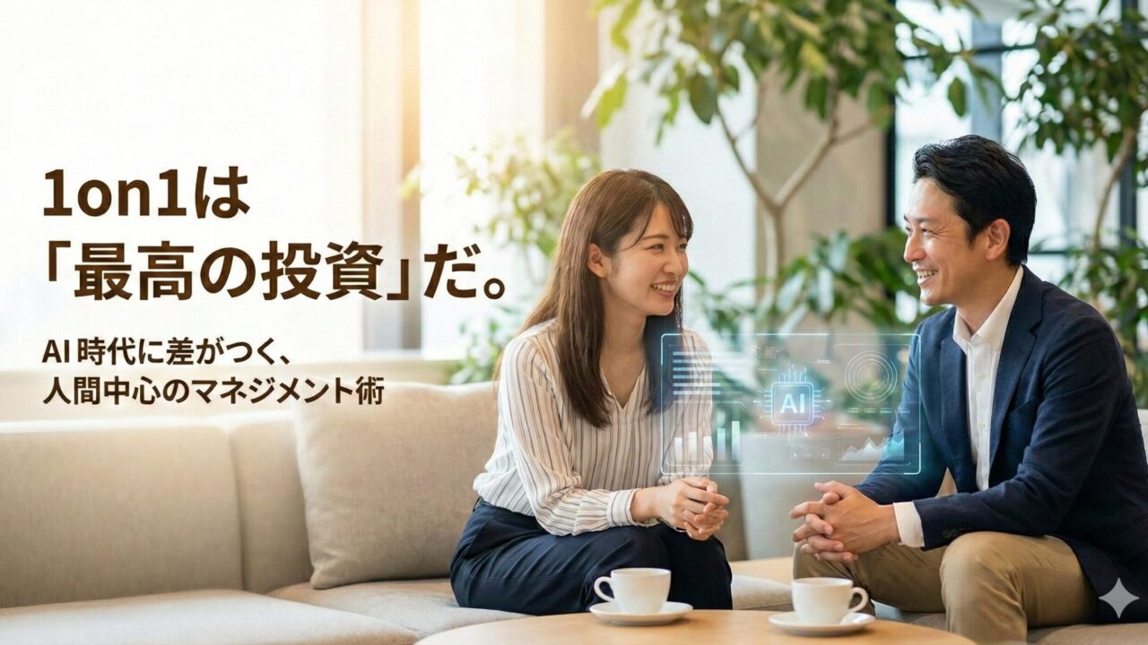 A smiling manager and employee engaging in a 1on1 meeting in a modern office with a holographic AI interface. Text overlay reads: '[2026 Edition] 1on1 is the Best Investment: Human-centered management techniques for the AI era.