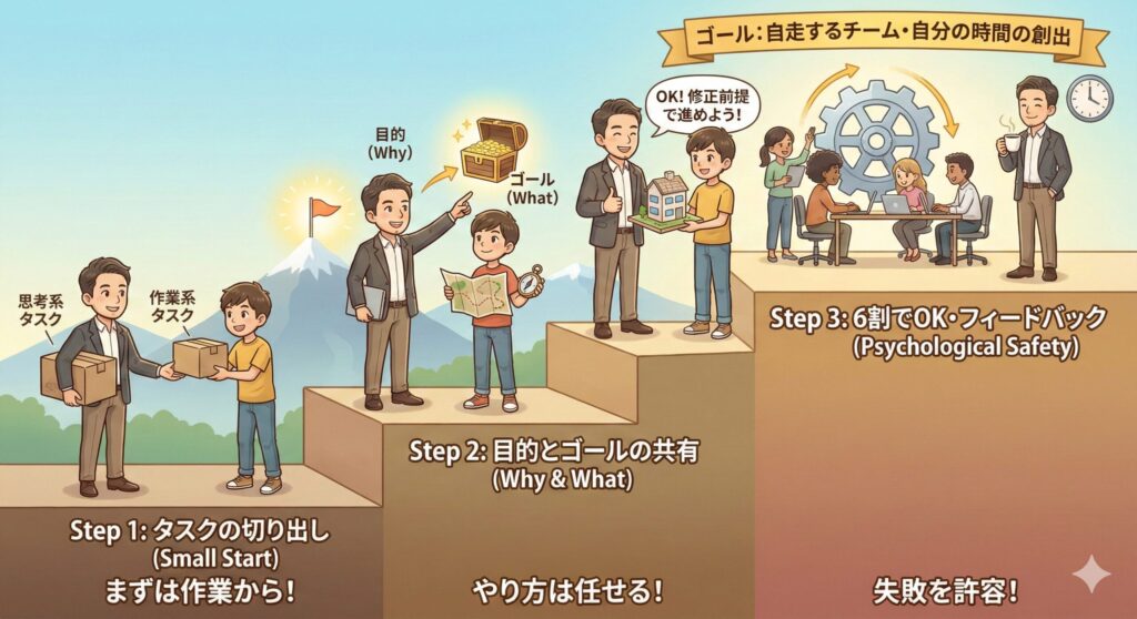 Staircase diagram illustrating the 3-step delegation process for managers: 1. Start with small tasks, 2. Share the purpose and goal (Why & What), and 3. Provide feedback at 60% completion to ensure psychological safety. The ultimate goal is a self-running team.
