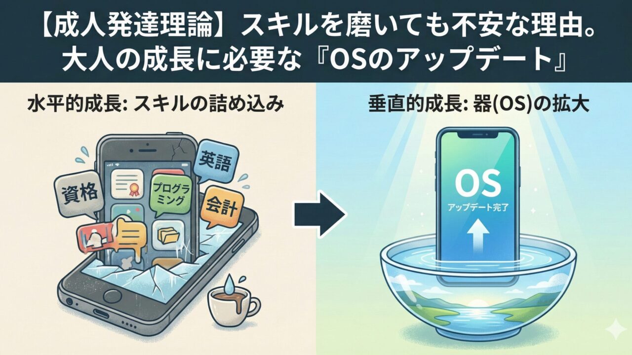 A split-screen illustration comparing 'Horizontal Development' and 'Vertical Development' using a smartphone metaphor. The left side features a cracked, overloaded phone stuffed with app icons labeled 'Qualifications,' 'English,' and 'Programming,' representing skill cramming. The right side shows a sleek, clean phone floating in a wide vessel of water with the screen displaying 'OS Update Complete,' symbolizing the expansion of personal capacity and wisdom according to Adult Development Theory.