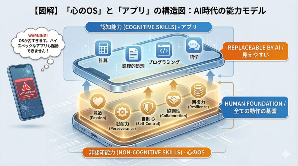 An infographic illustrating the "Mental OS" concept. The image depicts a smartphone structure where specific skills like IQ, knowledge, and technical abilities are represented as "Applications" on the surface. Underlying these is the "Operating System," representing non-cognitive skills such as grit, integrity, and resilience. The diagram visualizes the idea that high-performance applications cannot function effectively without a stable and updated Operating System.
