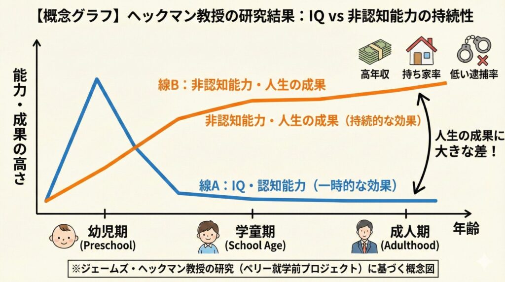 A conceptual line graph illustrating the long-term effects of skills based on Professor James Heckman's research (Perry Preschool Project). The X-axis represents Age (Preschool to Adulthood), and the Y-axis represents Level of Ability/Outcome. The blue line (A) for "IQ/Cognitive Skills" shows a temporary spike during preschool that drops by school age. The orange line (B) for "Non-Cognitive Skills/Life Outcomes" demonstrates a sustained rise into adulthood, leading to significantly higher life outcomes such as high income, home ownership, and lower arrest rates compared to the IQ line.