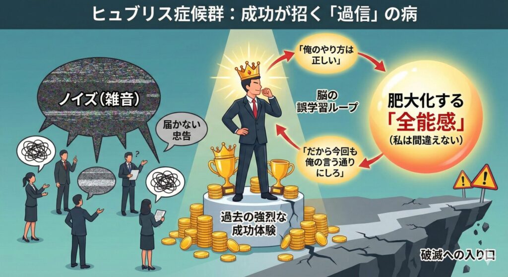 Infographic titled "Hubris Syndrome" in Japanese. A leader wearing a crown stands arrogantly on a pile of gold and trophies labeled "Past Success." A flow chart on the right shows a "Brain's Mislearning Loop" where success leads to the belief "My way is correct," resulting in a bloated sense of "Omnipotence." On the left, advice from subordinates is shown as scrambled "Noise" that doesn't reach the leader. The leader's pedestal is cracking, leading towards a cliff edge labeled "Entrance to Ruin.