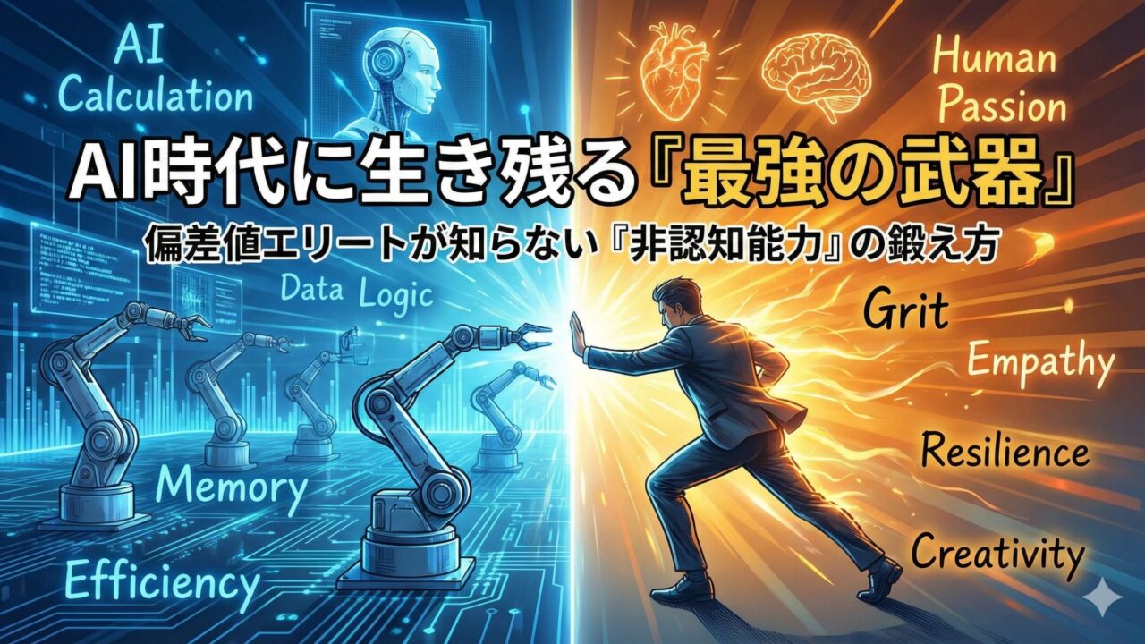A split-screen illustration contrasting the AI era with human potential. The left side is cool blue, featuring digital data and robots representing cognitive skills like logic and calculation. The right side is warm orange, showing a determined business person representing non-cognitive skills like grit and passion. The person is pushing back against the digital boundary, symbolizing the importance of human "Soft Skills" in a technology-driven world.