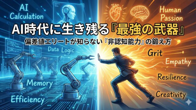 A split-screen illustration contrasting the AI era with human potential. The left side is cool blue, featuring digital data and robots representing cognitive skills like logic and calculation. The right side is warm orange, showing a determined business person representing non-cognitive skills like grit and passion. The person is pushing back against the digital boundary, symbolizing the importance of human "Soft Skills" in a technology-driven world.