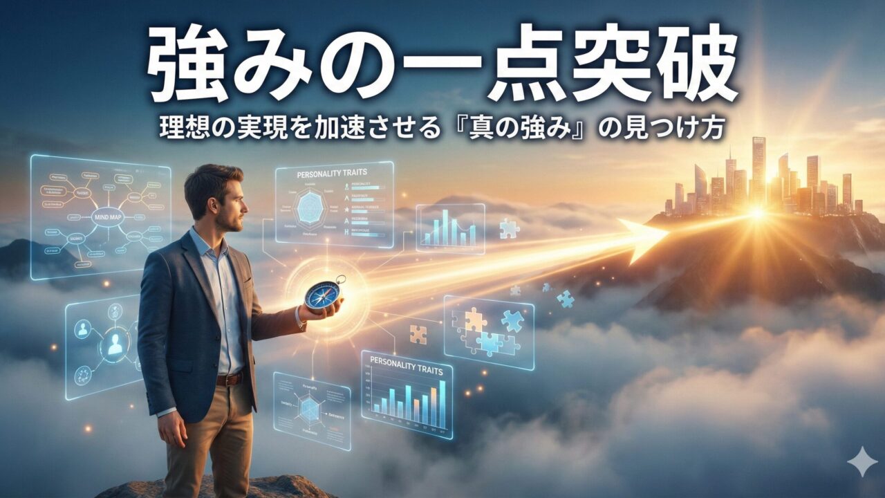 A business professional standing on a peak holding a compass, surrounded by holographic charts analyzing personal strengths and personality traits. A beam of light points towards a bright future city, symbolizing the acceleration of career goals through self-discovery.