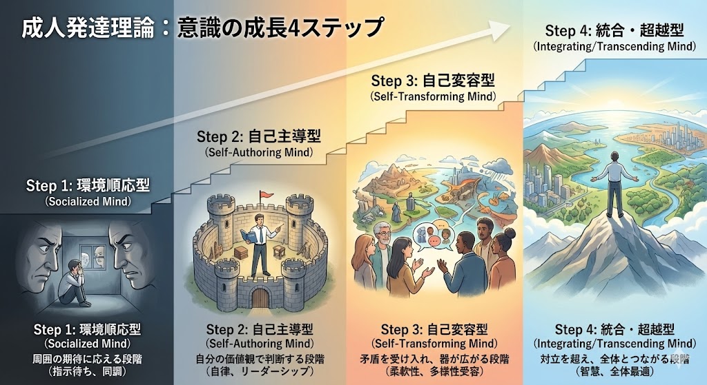 An infographic illustrating the 4 stages of Adult Development Theory as climbing stairs to a mountain peak. Step 1 (Socialized Mind) shows a person in a narrow room seeking approval. Step 2 (Self-Authoring Mind) depicts a confident figure inside a fortress of their own rules. Step 3 (Self-Transforming Mind) shows walls breaking down to accept diverse perspectives. Step 4 (Integrated Stage) features a person at the summit with a 360-degree panoramic view, symbolizing wisdom and connection.