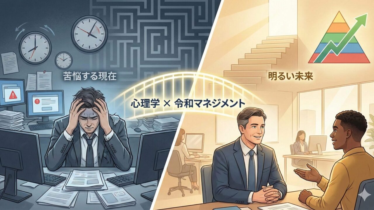 Illustration comparing a stressed manager overwhelmed by tasks on the left with a successful manager engaging in a 1-on-1 meeting on the right, symbolizing the transition to modern management through psychology.