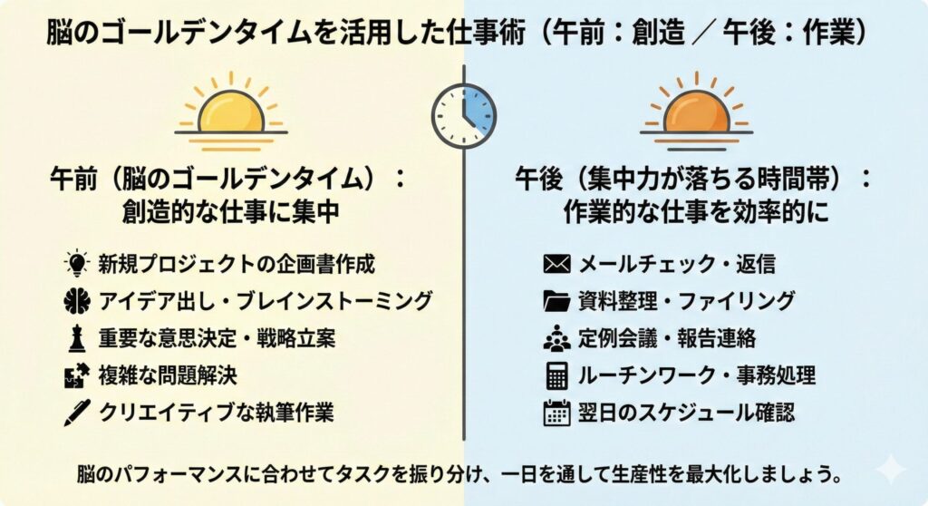 Infographic illustrating work techniques utilizing the brain's peak performance times, split into 'Morning: Creation' and 'Afternoon: Tasks'. The left section, labeled 'Morning (Brain's Golden Time): Focus on creative work', lists high-focus tasks such as creating project plans, brainstorming ideas, strategic decision-making, complex problem solving, and creative writing. The right section, labeled 'Afternoon (Time when concentration drops): Efficiently do routine tasks', lists lower-energy tasks such as checking emails, filing documents, routine meetings, administrative work, and checking the next day's schedule. A concluding note at the bottom advises allocating tasks according to brain performance to maximize daily productivity.
