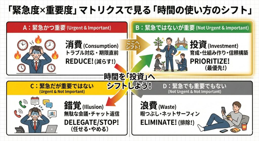 Eisenhower Matrix diagram illustrating the 4 quadrants of time management. It visually emphasizes shifting focus from 'Urgent' tasks (Consumption and Illusion) to prioritize the 'Not Urgent but Important' quadrant (Investment) such as team building and planning.