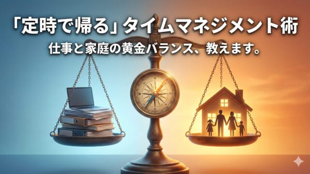 Illustration of a balance scale perfectly weighing work tasks (laptop and documents) against a glowing family home, symbolizing work-life balance and time management