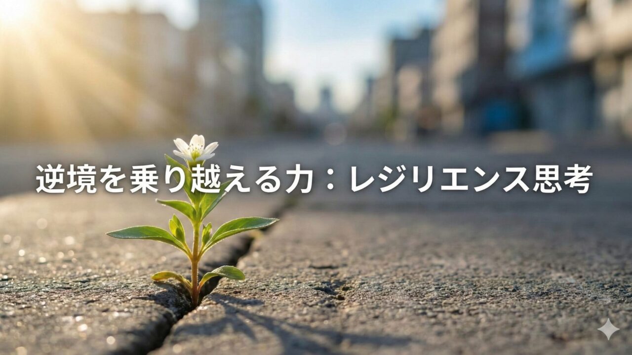 コンクリートの割れ目から力強く咲く白い花と希望の光。「逆境を乗り越える力：レジリエンス思考」というタイトル文字。困難な状況をバネに回復・成長するレジリエンスを象徴するブログサムネイル画像。