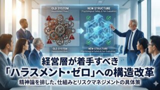 A group of diverse business executives in a modern boardroom discussing a holographic presentation. The hologram contrasts a rusty 'Old System' of harassment risks with a glowing blue 'New Structure' representing psychological safety and fair evaluation. Large Japanese text overlays the image, translating to: 'Structural Reform for Zero Harassment that Management Should Undertake: Concrete measures based on systems and risk management, not idealism.'