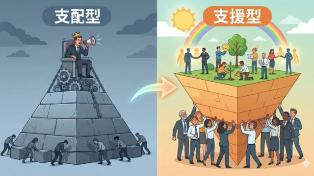Comparison illustration of leadership styles. Left side: 'Dominant Type' showing a traditional pyramid hierarchy with a boss commanding tired workers from the top. Right side: 'Servant Type' showing an inverted pyramid where leaders collectively support the platform from below, while employees collaborate and thrive on top under a sunny sky