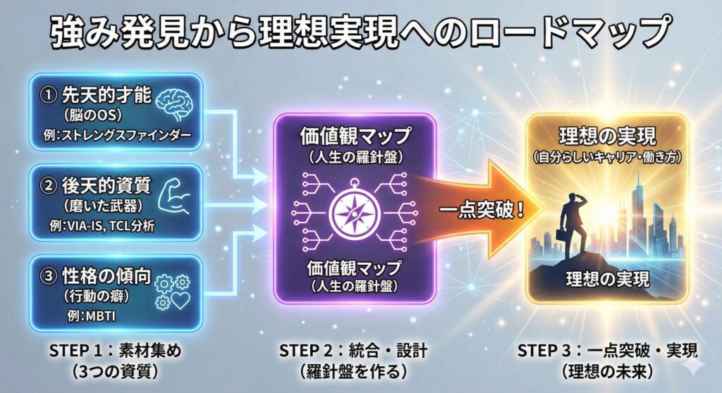 An infographic flow chart titled "Roadmap from discovering strengths to realizing ideals." On the left, STEP 1 "Gathering Materials" shows three boxes: "Innate Talents (e.g., StrengthsFinder)," "Acquired Qualities (e.g., VIA-IS)," and "Personality Tendencies (e.g., MBTI)." Arrows converge into a central STEP 2 box "Integration & Design," labeled "Values Map (Compass of Life)" with a compass icon. A large arrow marked "Breakthrough!" points to the right, leading to STEP 3 "Breakthrough & Realization." This final box shows a successful person silhouette looking at a shining futuristic city, labeled "Realization of Ideals (Personalized Career).