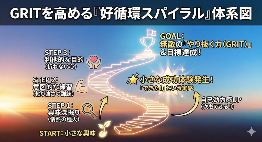 Infographic illustrating the "Virtuous Cycle Spiral to Increase GRIT" as a glowing spiral staircase ascending against a sunrise background. The stairs represent a journey starting from a seedling icon labeled "START: Small Interest". It progresses through "STEP 1: Deepening Interest (Spark of Passion)" with a magnifying glass, "STEP 2: Deliberate Practice (Training Perseverance)" with a flexed bicep, and "STEP 3: Altruistic Purpose (Unbreakable Heart)" with hands holding a heart. At the top is a trophy representing the "GOAL: Invincible GRIT & Goal Achievement". On the right side, a glowing star highlights a "Small Success Experience: The feeling of 'I did it!'", linked to an arrow indicating "Increased Self-Efficacy (I can do it next time!)", showing how success fuels the cycle.