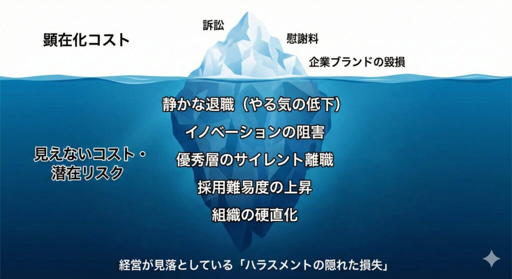 An infographic using an iceberg analogy to visualize the costs of corporate harassment. The small tip of the iceberg above the water is labeled '顕在化コスト (Visible Costs)' and includes '訴訟 (Lawsuits)', '慰謝料 (Settlements)', and '企業ブランドの毀損 (Brand Damage)'. The massive submerged portion is labeled '見えないコスト・潜在リスク (Invisible Costs & Latent Risks)' and lists '静かな退職(やる気の低下)(Quiet Quitting/Motivation Loss)', 'イノベーションの阻害 (Stifled Innovation)', '優秀層のサイレント離職 (Silent Exodus of Top Talent)', '採用難易度の上昇 (Increased Hiring Difficulty)', and '組織の硬直化 (Organizational Rigidity)'. A caption at the bottom reads '経営が見落としている「ハラスメントの隠れた損失」 (The hidden costs of harassment that management overlooks)'.
