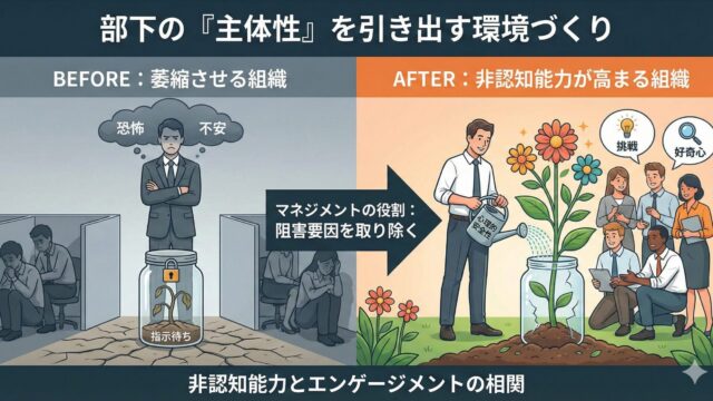 Infographic comparing a stifling "BEFORE" workplace with a supportive "AFTER" environment. The left side shows a gloomy office with a boss causing fear and a withered plant in a jar labeled "waiting for instructions." The right side shows a bright environment where a manager uses "psychological safety" to water a flourishing plant, symbolizing growth in non-cognitive skills like "challenge" and "curiosity" leading to higher engagement.