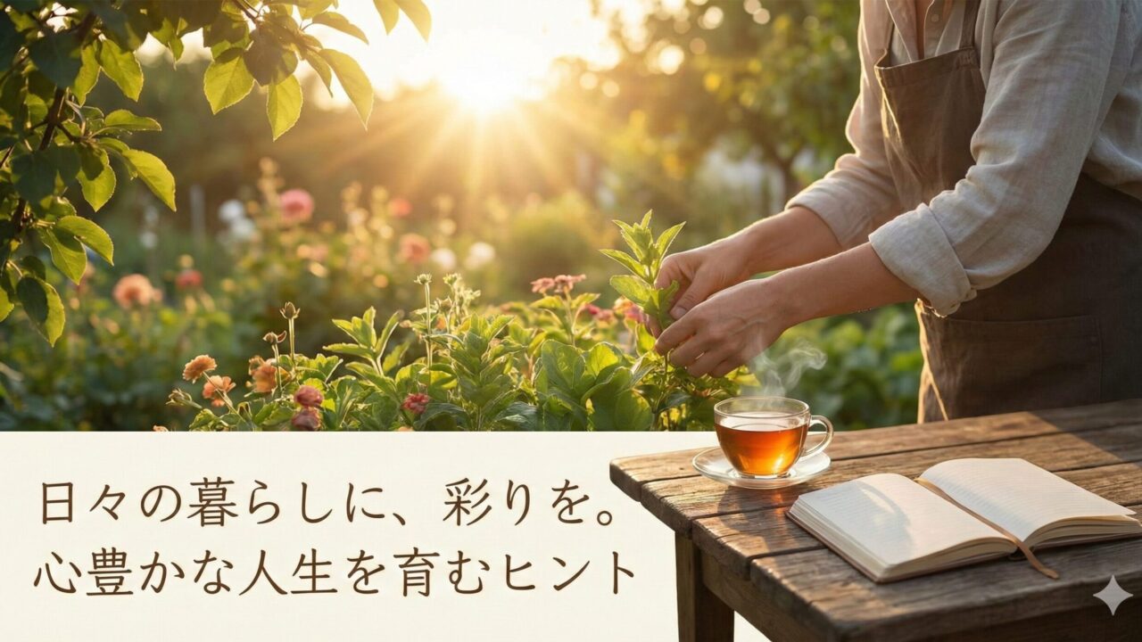 A peaceful scene of a person gardening in warm sunlight, with a cup of tea and an open book on a wooden table in the foreground. The Japanese text overlay reads