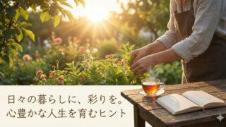 A peaceful scene of a person gardening in warm sunlight, with a cup of tea and an open book on a wooden table in the foreground. The Japanese text overlay reads