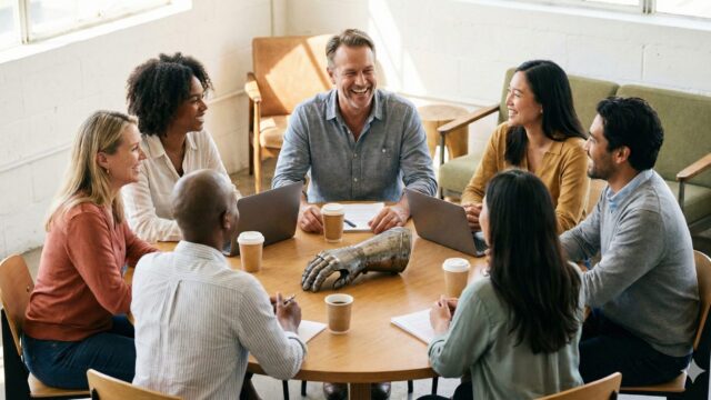 A smiling leader and diverse team members sitting around a round table with a discarded knight's gauntlet, symbolizing the power of vulnerability and psychological safety.