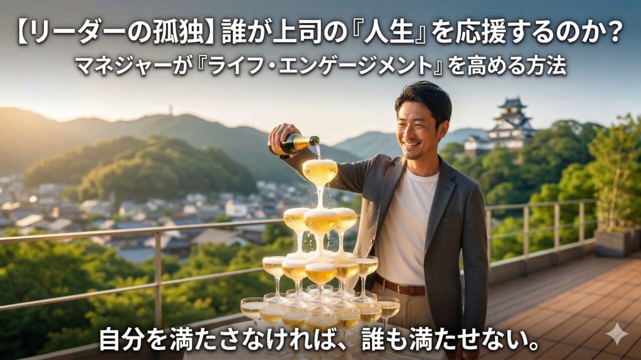 A smiling male manager stands on a balcony with Kakegawa Castle and green mountains in the background, pouring champagne into the top glass of a champagne tower. This illustrates the concept of fulfilling oneself first. Japanese text overlays translate to "The Loneliness of a Leader: Who supports the boss's life? How managers can increase Life Engagement" and "If you don't fulfill yourself, you can't fulfill anyone else."