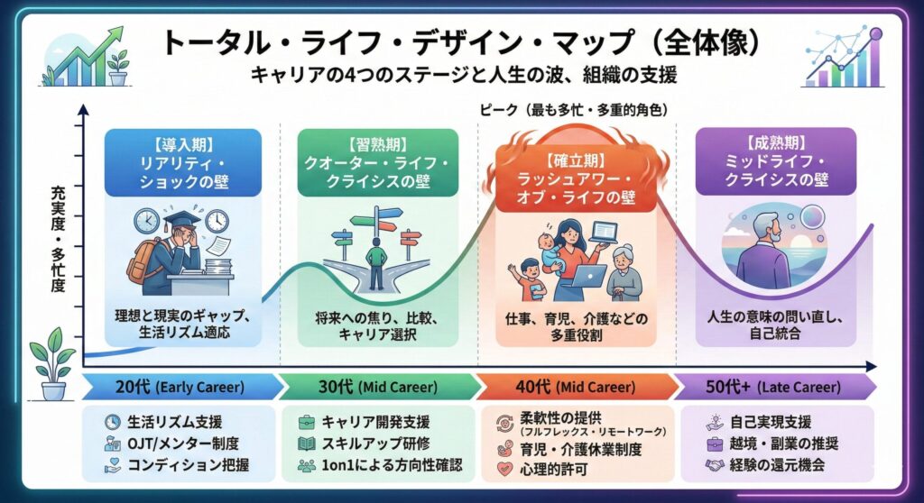 A structured Japanese infographic infographic titled 'Total Life Design Map (Overall View)' displays a horizontal timeline with five age-based career stages from the 20s to 50s+. Each stage (20s - Early Career, 30s - Mid Career, 40s - Mid Career, 50s+ - Late Career) is a distinct colored section with descriptive Japanese text and illustrative icons. The 20s stage, 'Introduction to Reality Shock', features an overwhelmed employee icon and focuses on adjusting lifestyle rhythms. The 30s, 'Quarter-Life Crisis', shows a person juggling multiple choices. The 40s, 'Establishment: The Wall of Life's Rush Hour', has a peak point labeled for maximum busyness and a person juggling a baby, elder care, and work. The 50s+, 'Mid-Life Crisis', depicts a mature person with integrated circles. A fluctuating wave of 'fulfillment' and 'busyness' runs across the stages. Below each stage, a band lists specific examples of organizational support, such as 'lifestyle rhythm support', 'skill development', 'flexibility', and 'self-actualization support'. The entire map is framed with glowing borders, plants, and data charts.